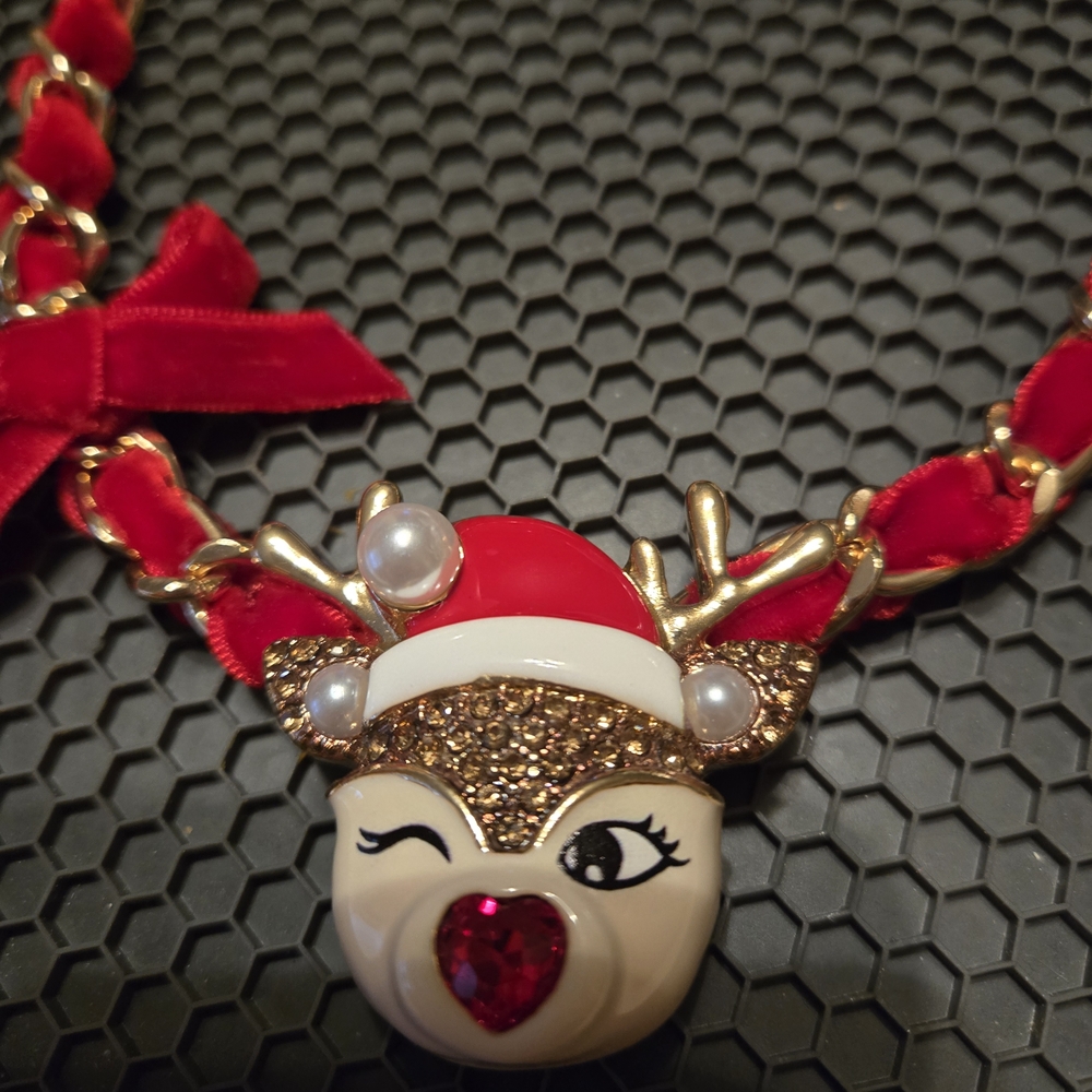 Betsey Johnson Festive Red and Gold Reindeer Necklace